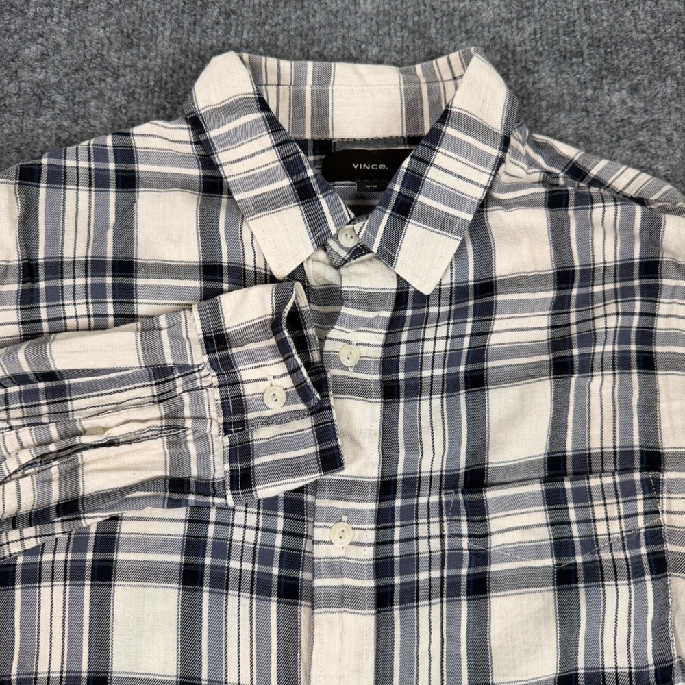 Vince Button Down Plaid Classic Fit Mens Size Medium Blue White Cotton Blend EUC